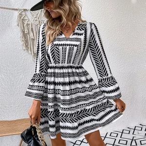 Women's V-neck striped print dress with ruffle sleeves and geometric patterns