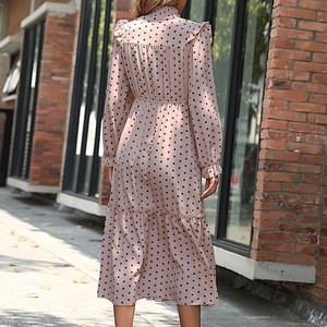 Elegant light pink long sleeve polka dot tiered dress with high collar for women