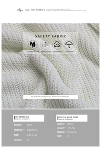 Detail showing white cable knit texture and size chart for women's turtleneck sweater