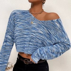 Women's Casual Cropped V-Neck Sweater Blue White Space-Dye Knit Long Sleeve Pullover Autumn Winter Fashion Jumper