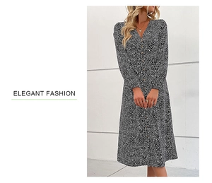Detail of V-neckline and button-down bodice on leopard print long sleeve midi dress