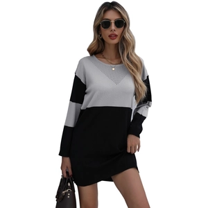 Robe longue en tricot pour femme avec col rond et motif élégant en gris et noir