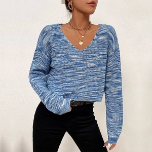 Women's V-neck space dye knit sweater in blue and white marl with long sleeves