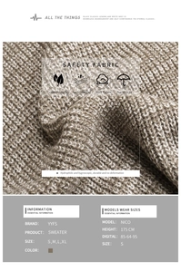 Close-up of beige knit sweater texture with sizing chart and model measurements