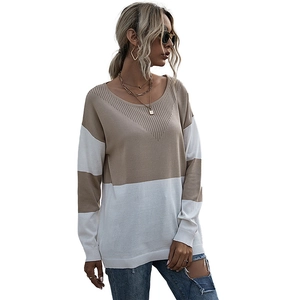 Women's casual color block knit sweater with crew neck and stylish hollow V-neck detail