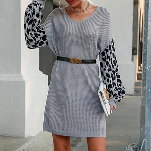 Women Leopard Print Splicing Knit Sweater Dress V Neck Long Sleeve Loose Casual Pullover Midi Dress Grey