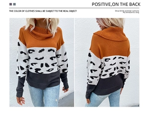 Front and back view of casual turtleneck sweater with leopard print color block panels