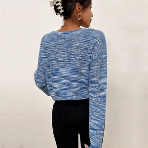 Short blue and white space-dye knit sweater for women with a back view model perspective