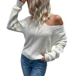 White cable knit off-shoulder sweater with thick knit texture and long sleeves for women