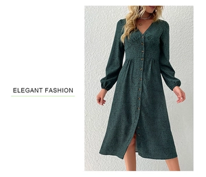 Detail of elegant V-neck leopard print midi dress with long sleeves and button-down front