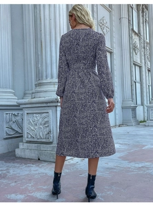 Detail of A-line midi dress with dense leopard print texture and long sleeves