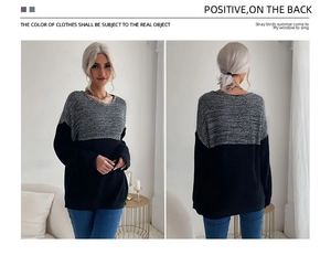 Front and back view of a women's relaxed crewneck sweater with grey and black color blocks