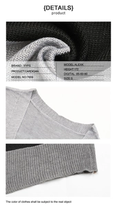 Détails de la maille du cardigan noir et gris et coutures précises sur le bord du col