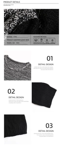 Detail view of round neckline and ribbed cuffs on a black and white chunky knit sweater