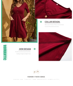 Detail view of V-neckline with wood buttons and pockets on burgundy mini dress
