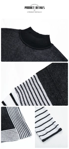 Close-up of black and white striped cuffs and neckline on a loose knit sweater