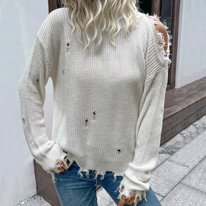 Women Distressed Ripped Knit Sweater Off Shoulder Hollow Out Turtleneck Long Sleeve White Casual Fashion Pullover Top