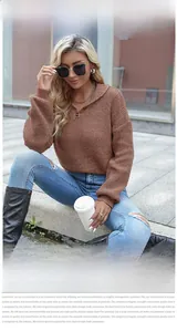Detail of brown waffle knit texture on women's polo collar sweater with buttons