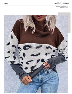 Detail of color-block knit sweater showing leopard print panels and turtleneck texture