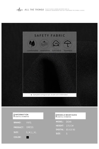 Detail of soft breathable black pleated dress fabric with size chart and model measurements