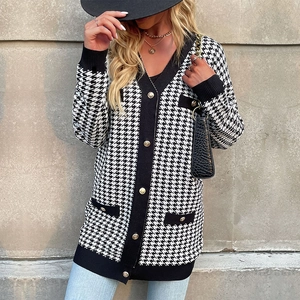 Women's vintage houndstooth knit cardigan with V-neck and golden metal buttons