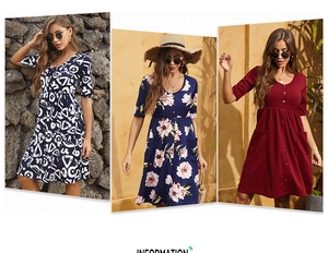 Detailed close-up showing V-neck button design and floral print patterns on mini dresses