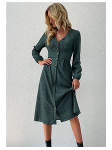 Detailed close-up of dark green leopard print midi dress with V-neck and button closure