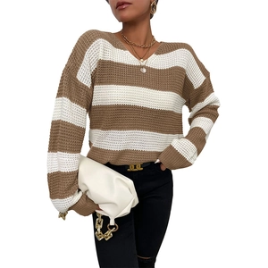 Pull-over à rayures pour femmes avec manches longues et col en V en café et blanc