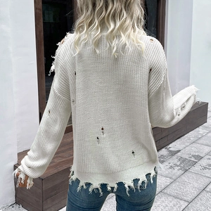 Chic white distressed knit sweater with long sleeves and hollow-out ripped street style