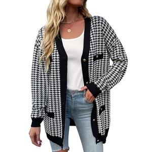 Women's vintage houndstooth knit cardigan with gold buttons and classic V-neck style