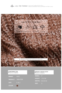 Macro view of brown knit sweater texture with sizing chart and model measurements
