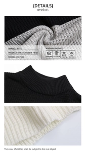 Detailed views of the tri-color patchwork knit texture and ribbed crewneck collar
