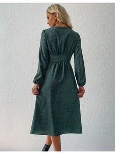 Rear view of dark green A-line dress with long sleeves and leopard print texture