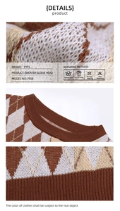 Dettaglio della trama a maglia e del girocollo a coste su questo maglione a rombi