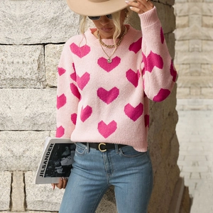 Women Casual Heart Jacquard Knit Sweater Round Neck Long Sleeve Loose Pullover Top Autumn Winter Fashion Warm Jumper