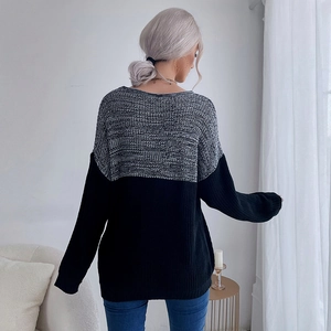 Women's crewneck color block knit sweater in grey and black minimalist casual style