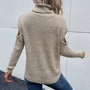 Women's khaki turtleneck knit sweater with trendy cold-shoulder cutouts and ribbed texture