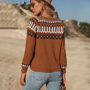 Women's brown knit sweater featuring Nordic geometric jacquard patterns and long sleeves