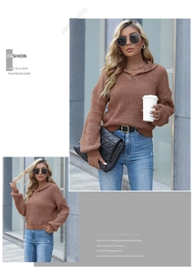 Detail of a brown knit sweater featuring a stylish polo collar and ribbed texture