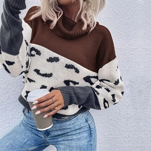 Women's leopard print patchwork turtleneck sweater with knit texture and long sleeves