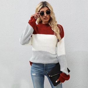Women's crew neck long sleeve knit sweater with red, white, and grey color block panels