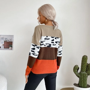 Women's leopard patchwork color block long sleeve knit sweater with ribbed cuffs