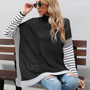Women batwing sleeve striped turtleneck knit sweater in black and white casual style