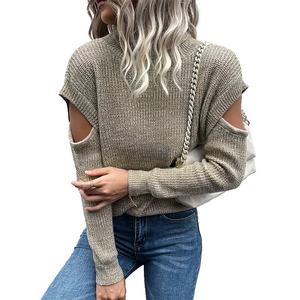 Women high neck knit sweater with shoulder cutout and subtle metallic shimmer finish