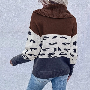 Women's turtleneck knit sweater with leopard print color block and long sleeves