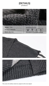 Detail view of the thick knit texture and striped拼接 stitching of the gray cardigan