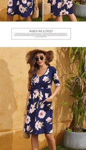 Close-up of floral V-neck dress featuring button details and practical side pockets