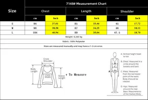 Size chart table for cable knit sweater vest dress with detailed chest and length dimensions