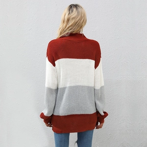 Women's long sleeve color block knit sweater in orange white and grey casual style