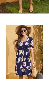 Detail showing the navy blue floral dress with V-neck, buttons and side pockets